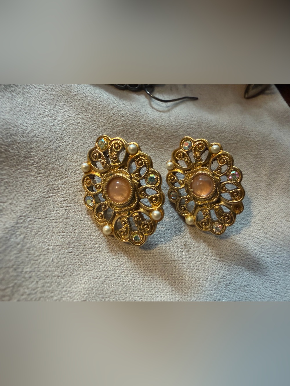 Gold-Tone Filigree Clip Earrings with Pink Center Stones